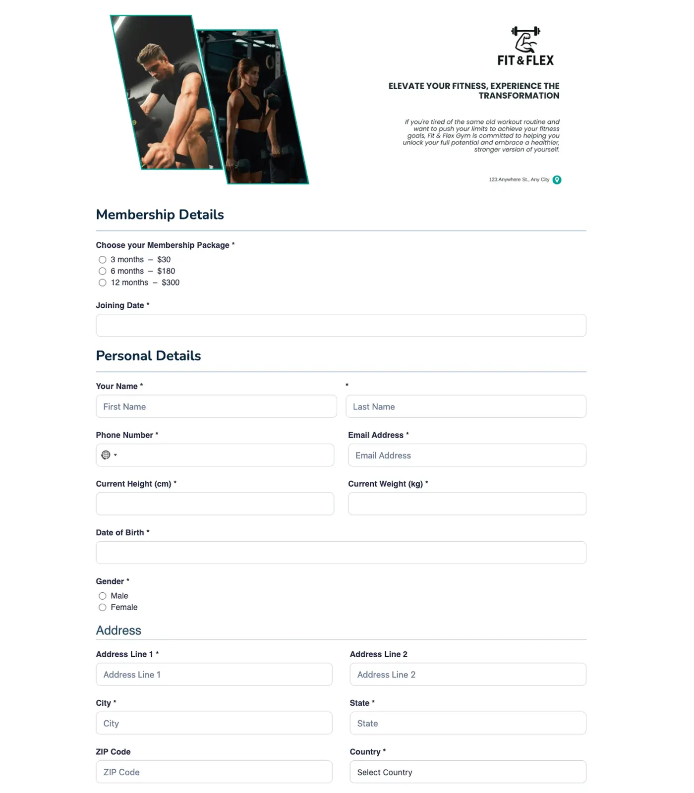 gym registration form live