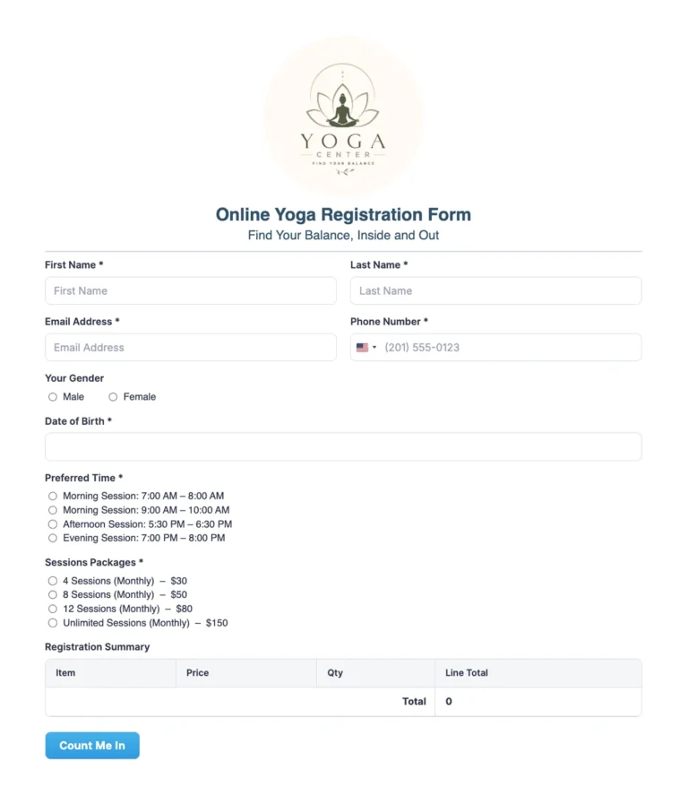yoga class registration form template
