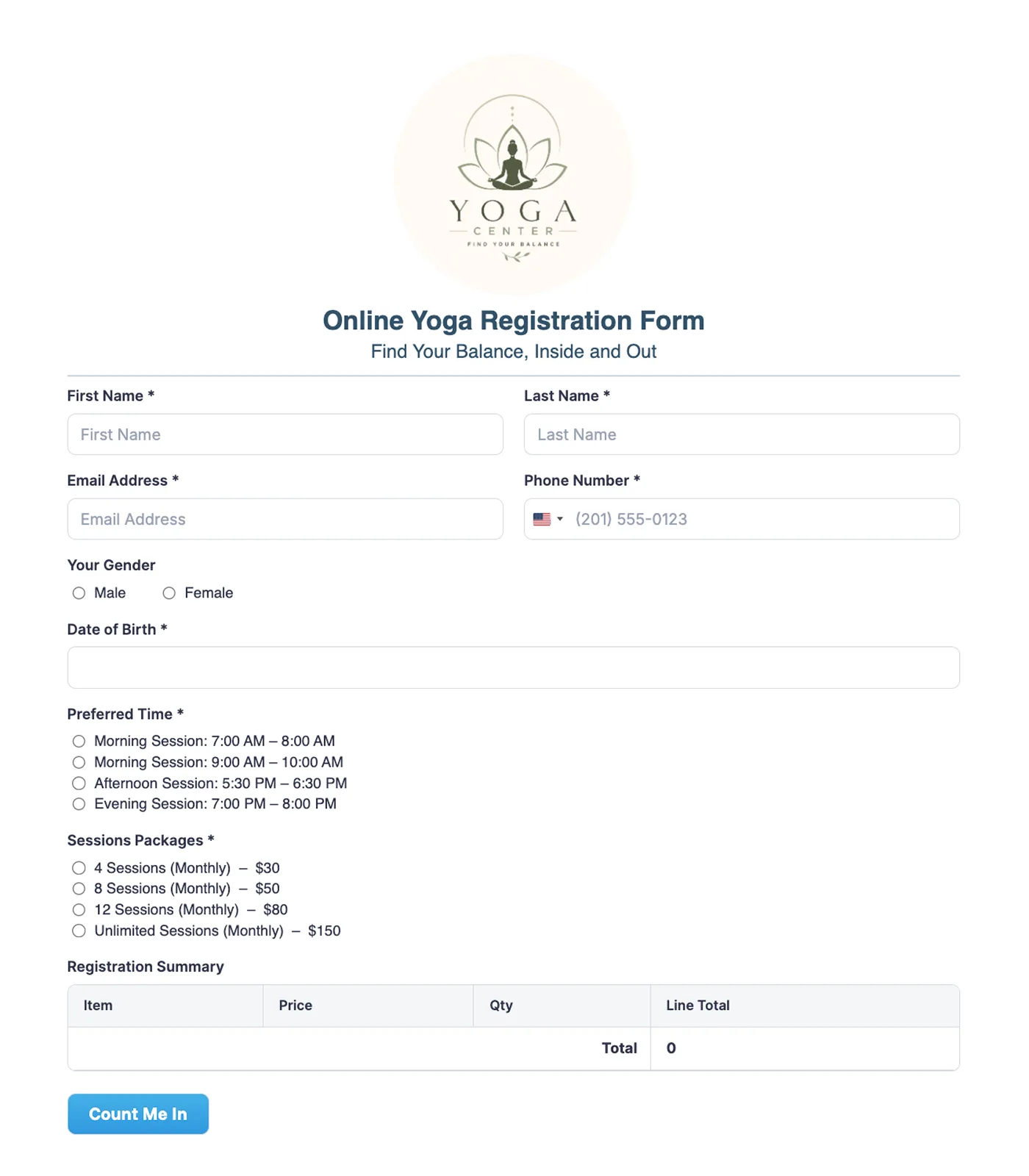 yoga class registration form template